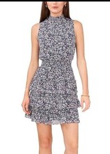 1. State Sleeveless Smocked Waist Ruffle Tiered Dress Small. Navy Floral