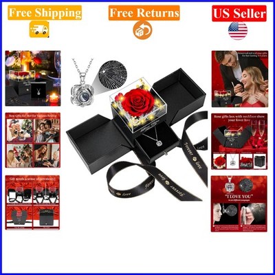 Red Preserved Rose with Heart Necklace for Her, Valentines Day Gift