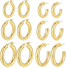6 Pairs Simple Gold Hoop Earrings Set for Women Trendy, 14K Gold Plated Chunky H