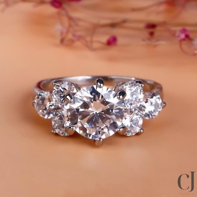 3CT Round Brilliant Cut Cluster Moissanite Engagement Ring 14K White Gold Plated
