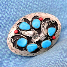 Southwestern Desert Floral Belt Buckle Native Red Blue Mounts Vtg 1970s .GMP861