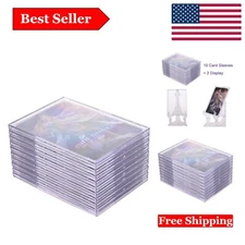 10 Pack Clear Acrylic Card Sleeves + 2 Display Stands - Baseball & Trading Ca...