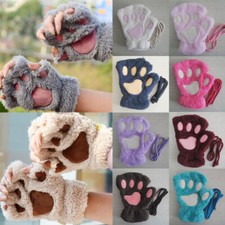 Womens Bear Plush Cat Paw Claw Gloves Winter Faux Fur Fingerless Mittens Gloves  
