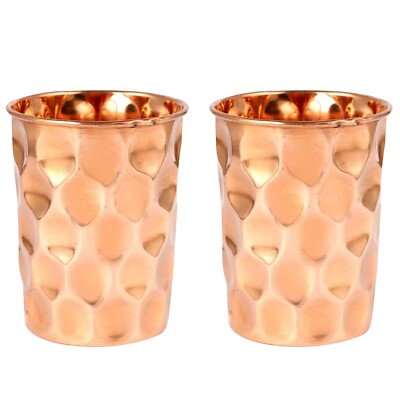 100% Copper Drinking Glass Cup Tumblers Diamond Cut for Ayurveda Health Benefits