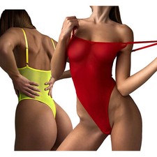 UK Womens See Through Leotard High Cut Thong Bodysuit Sheer Swimsuit Playsuit