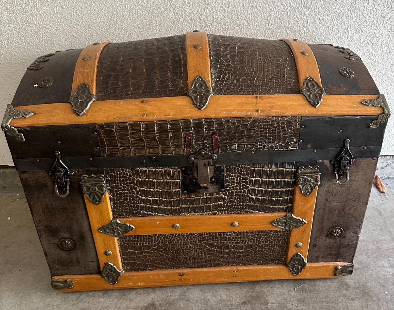 Antique Victorian Domed Steamer Trunk Alligator embossed 1880 Pirate chest