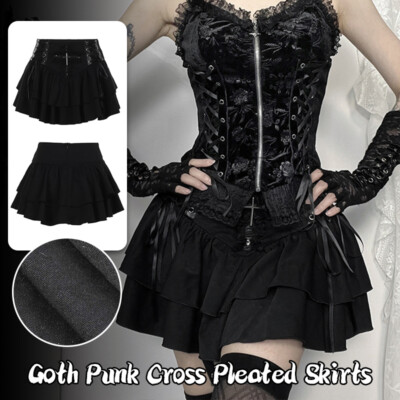 Goth Punk Cross Pleated Bandage Skirts Women High Waist Sexy Girl