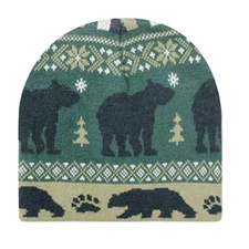 Black Tan Green Bear Paw Tree Up North Cabin Rustic Look Stocking Cap Hat Beanie