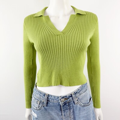 Cider Lime Green Ribbed Collared Long Sleeve Sweater Top Womens S