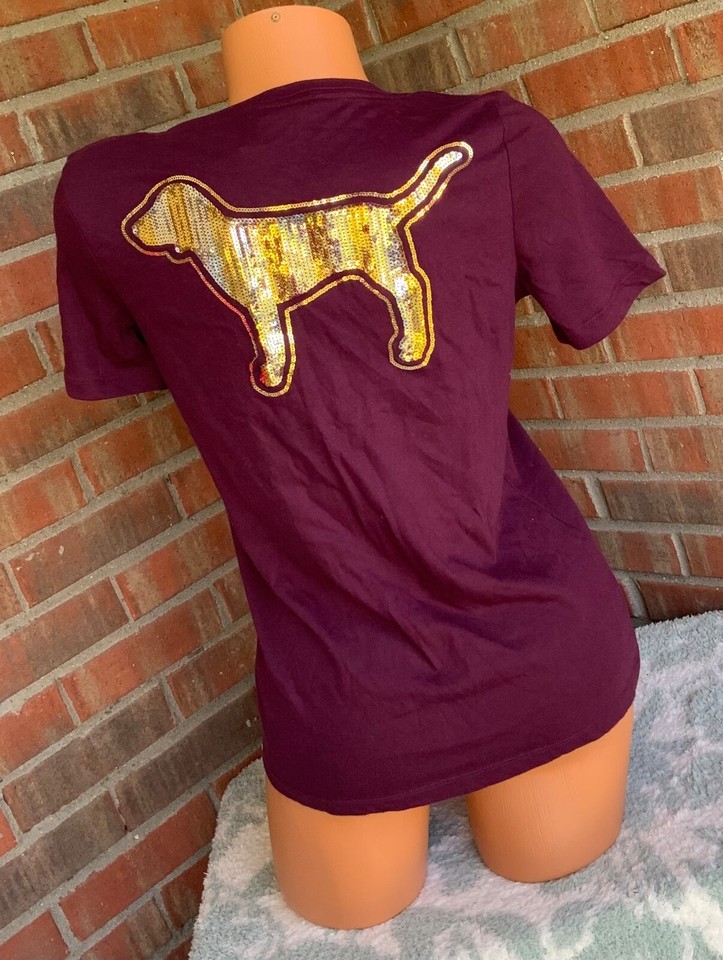 Victorias Secret PINK VNeck Short Sleeve TShirt Top Maroon Bling Dog