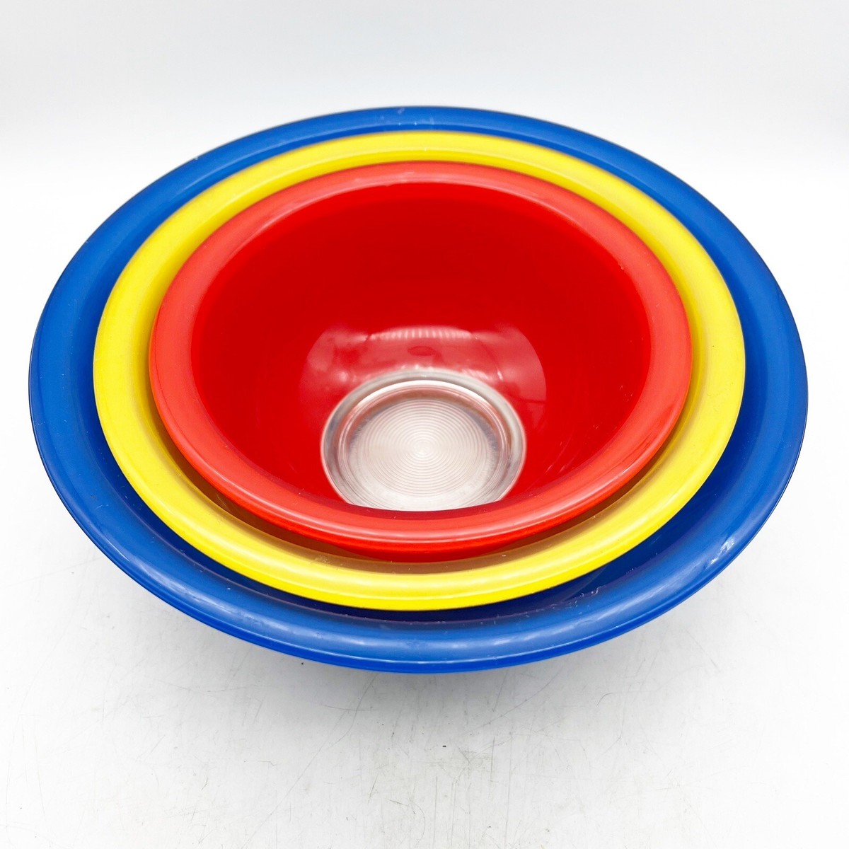Vtg Pyrex 3 Primary Color Clear Bottom Mixing Bowls Red 322 Yellow