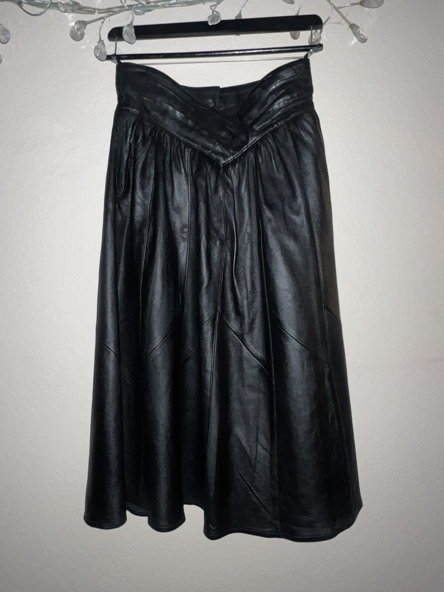 Mid length leather A line skirt with accented waist Black size 12