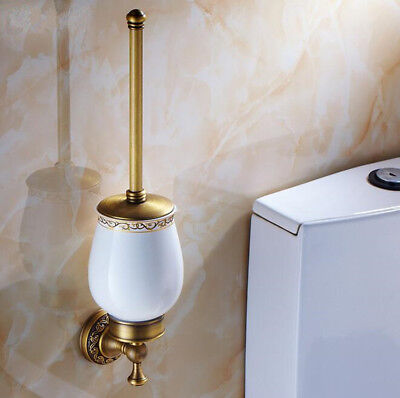 Retro Bathroom Antique Brass Wall Mounted Ceramics Cup Toilet Cleaning Brush 