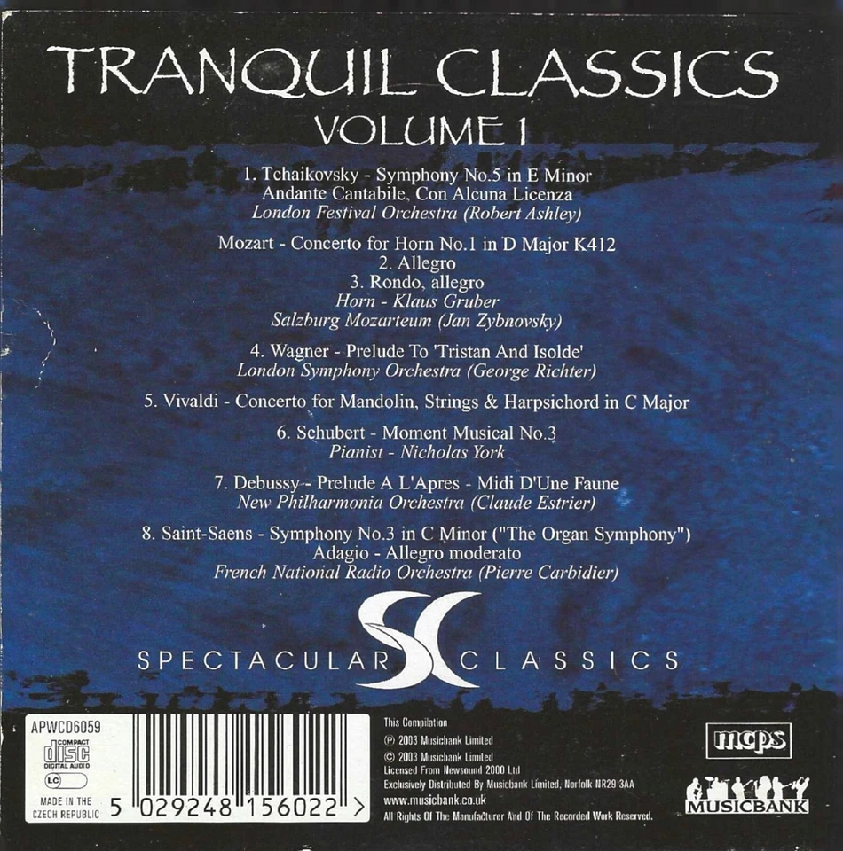 TRANQUIL CLASSICS ~ VOL 1 - CLASSICAL MUSIC CD - Image 2 of 2
