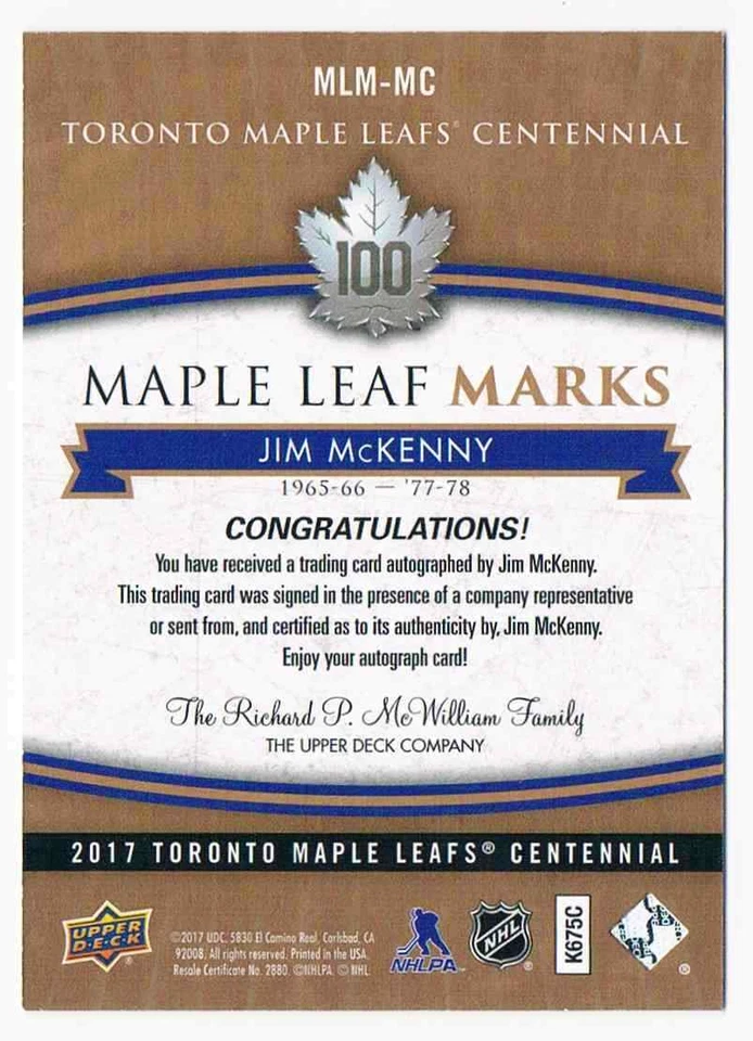 2017-18 UPPER DECK CENTENNIAL MARKS JIM MCKENNY TORONTO MAPLE LEAFS #MLM-MC - Image 2 of 2