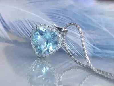 2Ct Heart Cut Lab Created Aquamarine Halo Pendant 14K White Gold Plated Silver