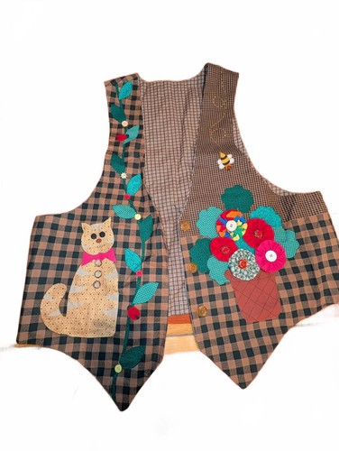 Handmade Patchwork Cat and Flower Applique Vest