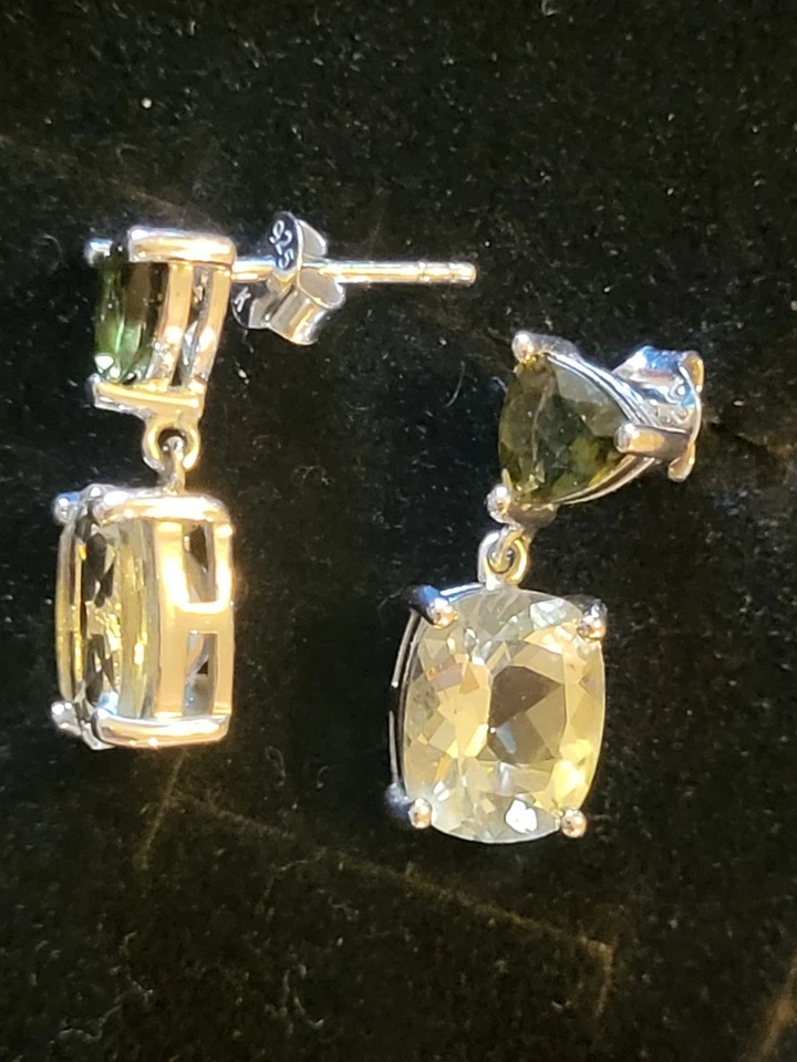 Deslumbrantes Brincos Prasiolita e Morganita Drop Post, 925/SS, NOVO NA CAIXA - Imagem 2 de 4