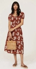Madewell Brown Floral Smocked Midi Dress Size S Designer MSRP $138 Casual Busine