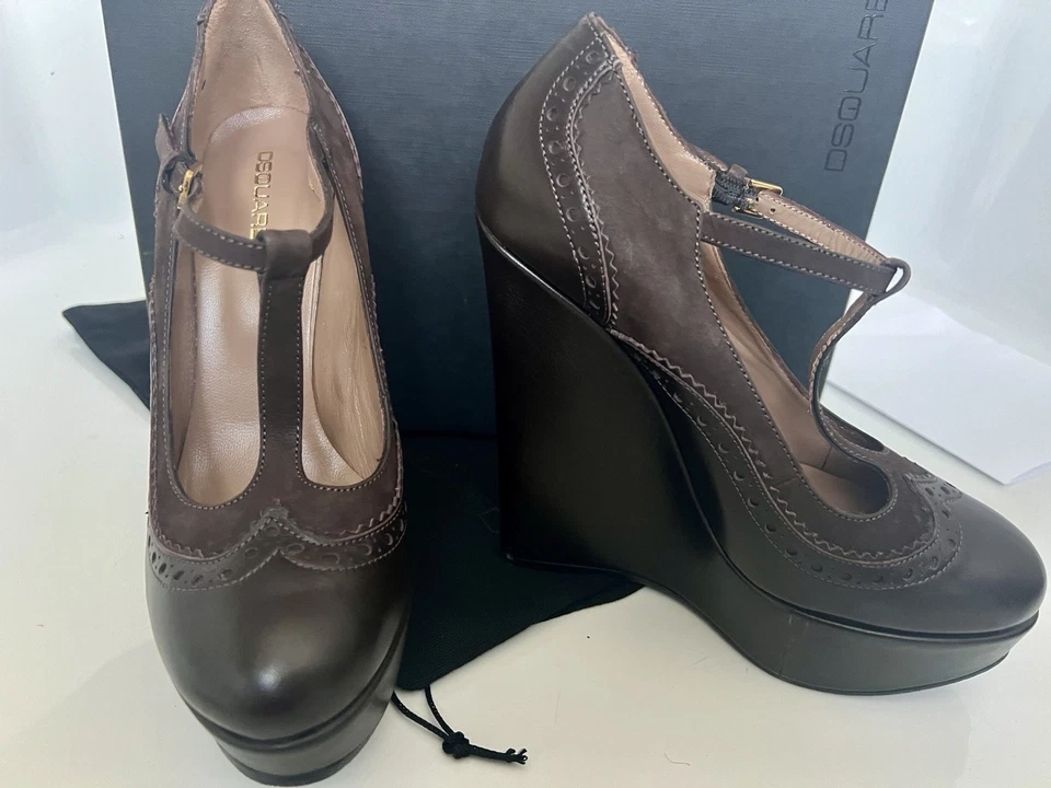 Zapatos de salón DSQUARED2 37/6 39/8 marrón Oxford punta de ala plataforma cuña alta Foto 4 de 4