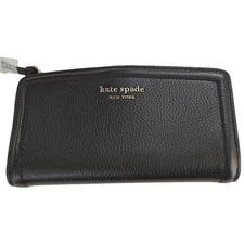 Kate Spade New York Black Pebbled Leather Zip Slim Wallet K5613 Classic Style