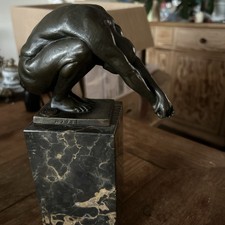 MILO Nude Man Squatting Float Sculpture Marble Base Signed 