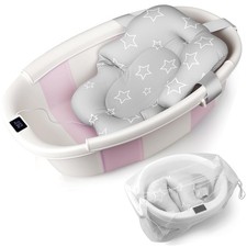 Baby Bathtub, Baby Bath Tub with Thermometer  Soft Cushion, Collapsible Infa...