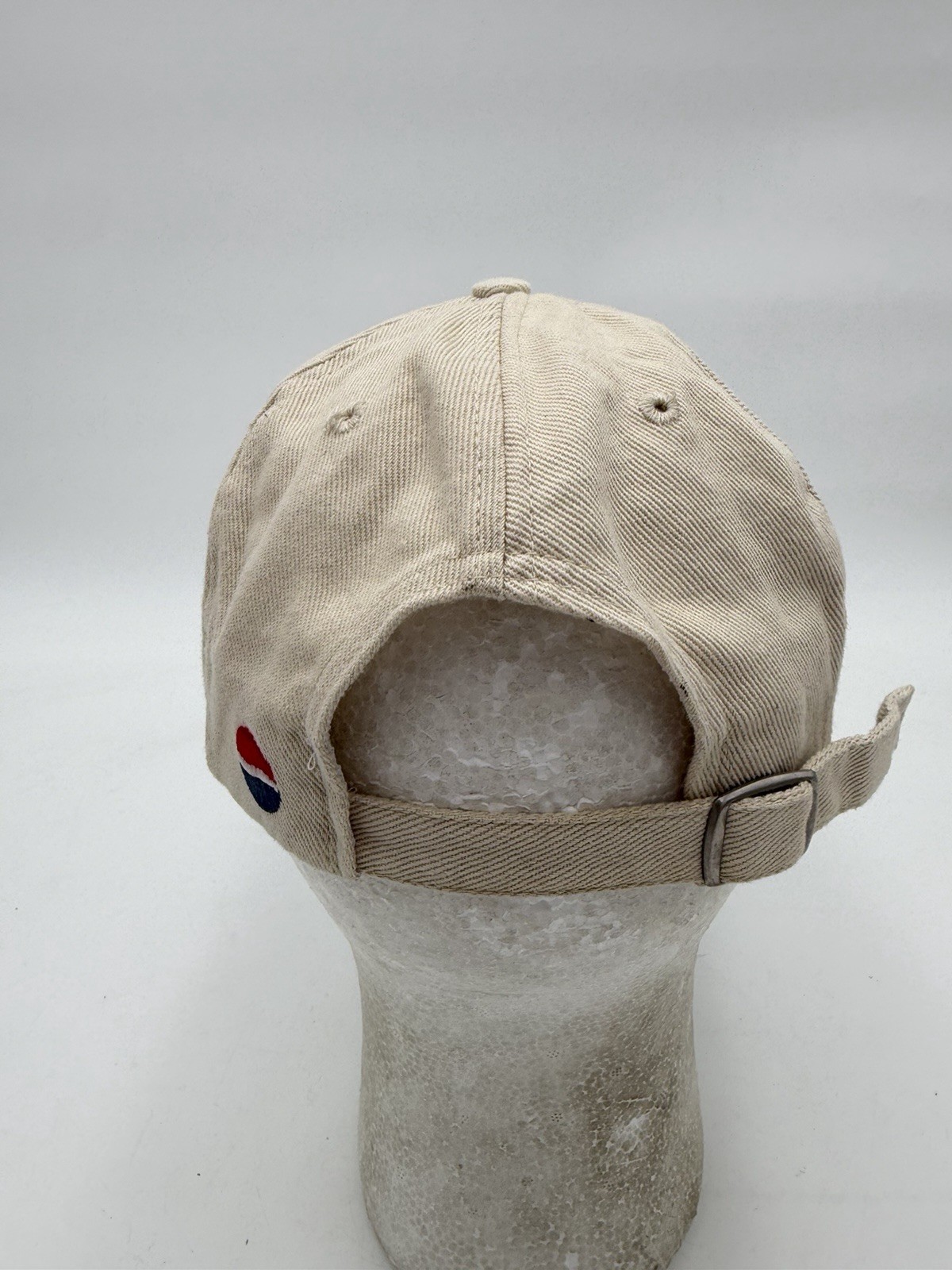 String Cursive Font Vintage Pepsi USA Hat Strapback Advertising Cap Beige Blue Brim Script ...