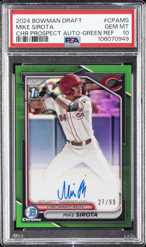2024 BOWMAN DRAFT CHROME PROSPECT AUTO GREEN REFRACTOR MIKE SIROTA 27/99 PSA 10