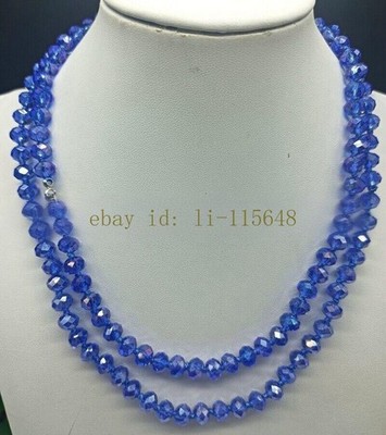 Beautiful 5x8mm Faceted Blue Crystal Abacus Bead Necklace 36  Birthday Gift Girl