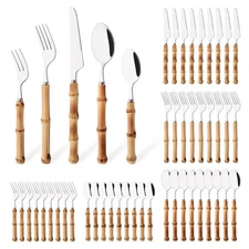 Uniturcky 50PCS Silverware Set for 10, Bamboo Handle Flatware Set, Stainless ...