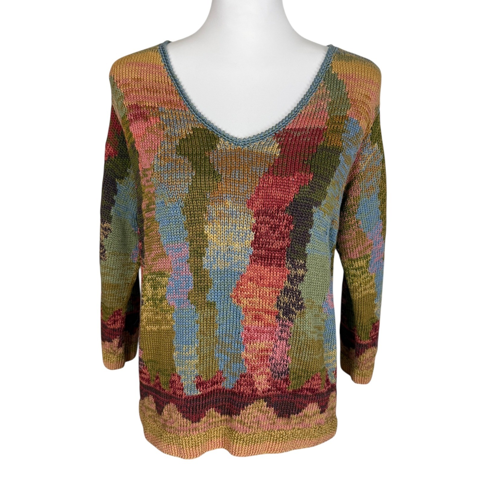 PERUVIAN CONNECTION Multicolor Patchwork Knit V N… - image 1