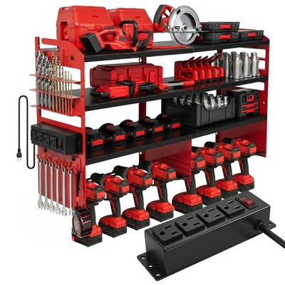 4-Tier Heavy Duty Power Tool Organizer with 4-Outlet High-Power Strip, 600lbs...
