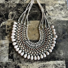 Vintage ZAD Neutral Multicolor Bead Bib Necklace Metal Acrylic Bronze Gold Tone