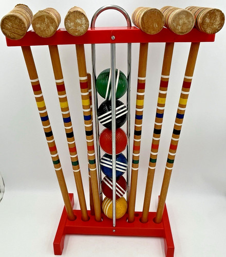 Vintage Wooden CROQUET SET 6-PLAYERS Croquet Set & Stand Missing 1 Stake