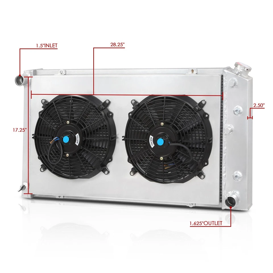 Radiador de refrigeración de aluminio de 3 filas con cubierta de ventilador para 77-90 Buick/Cadillac/Chevy/GMC Foto 3 de 4