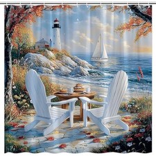 Summer Beach Coastal Shower Curtain Nautical Lighthouse Ocean Landscape Sea