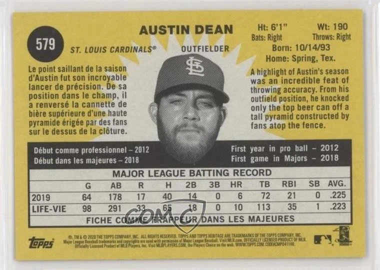 2020 Topps Heritage High Number French Text Austin Dean #579 - Image 2 of 2