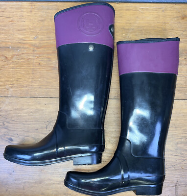 靴 HUNTER SANDHURST CARLYLE UK9 Hunter SANDHURST Carlyle Black Purple Rubber Riding Rain Boots