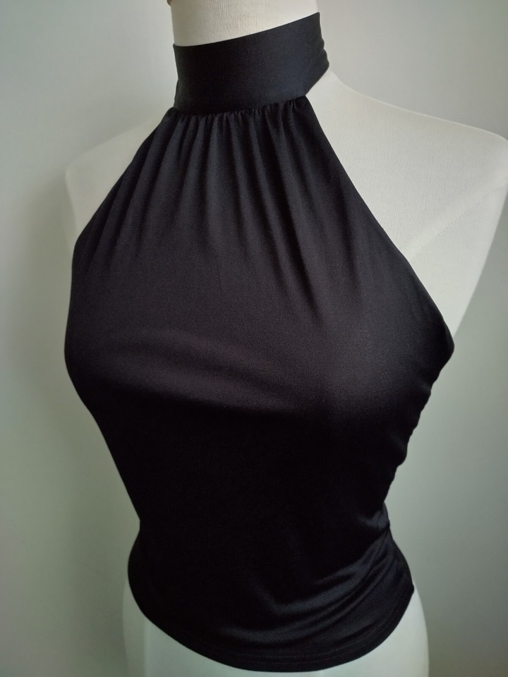 Next Black Halter High Neck Top Size 10 Fitted Waist Tie Back