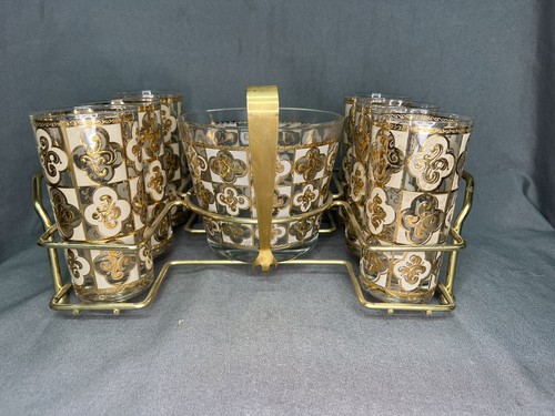 Mid Century Culver 6 Highball Glasses with Caddy Ice Bucket And Tongs Thick Gold - Picture 2 of 9
