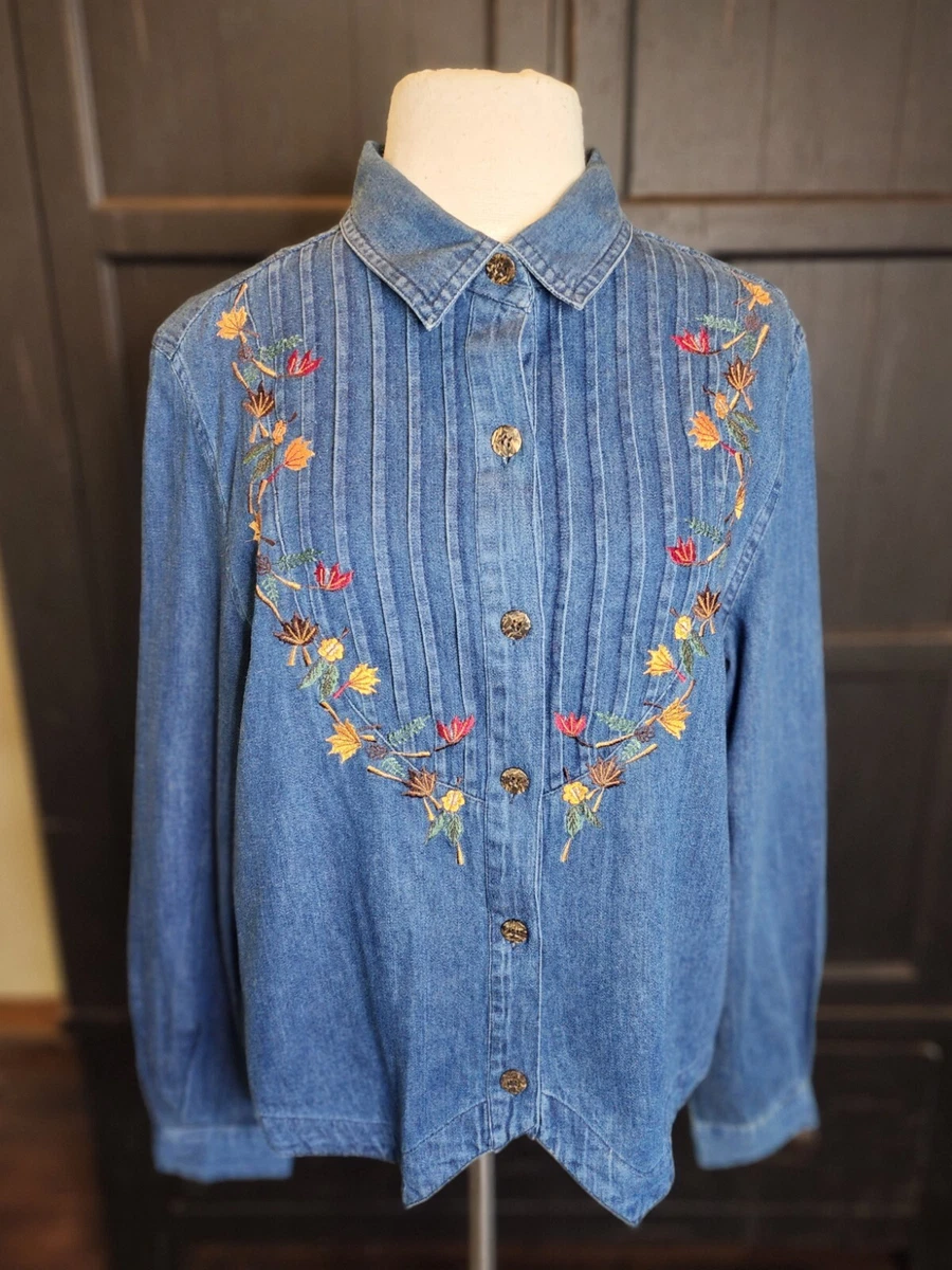 Vintage Austin Harris Fall Leaves Embroidered Denim Shirt Women s L Pre owned