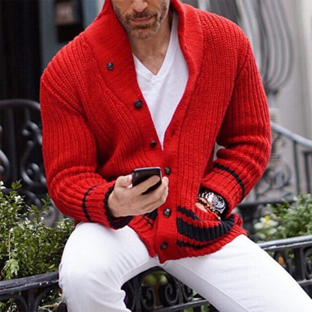 Mens Chunky Knitted Jacket Striped Pocket Cardigan Sweater Warm Jumpers  Coat | eBay