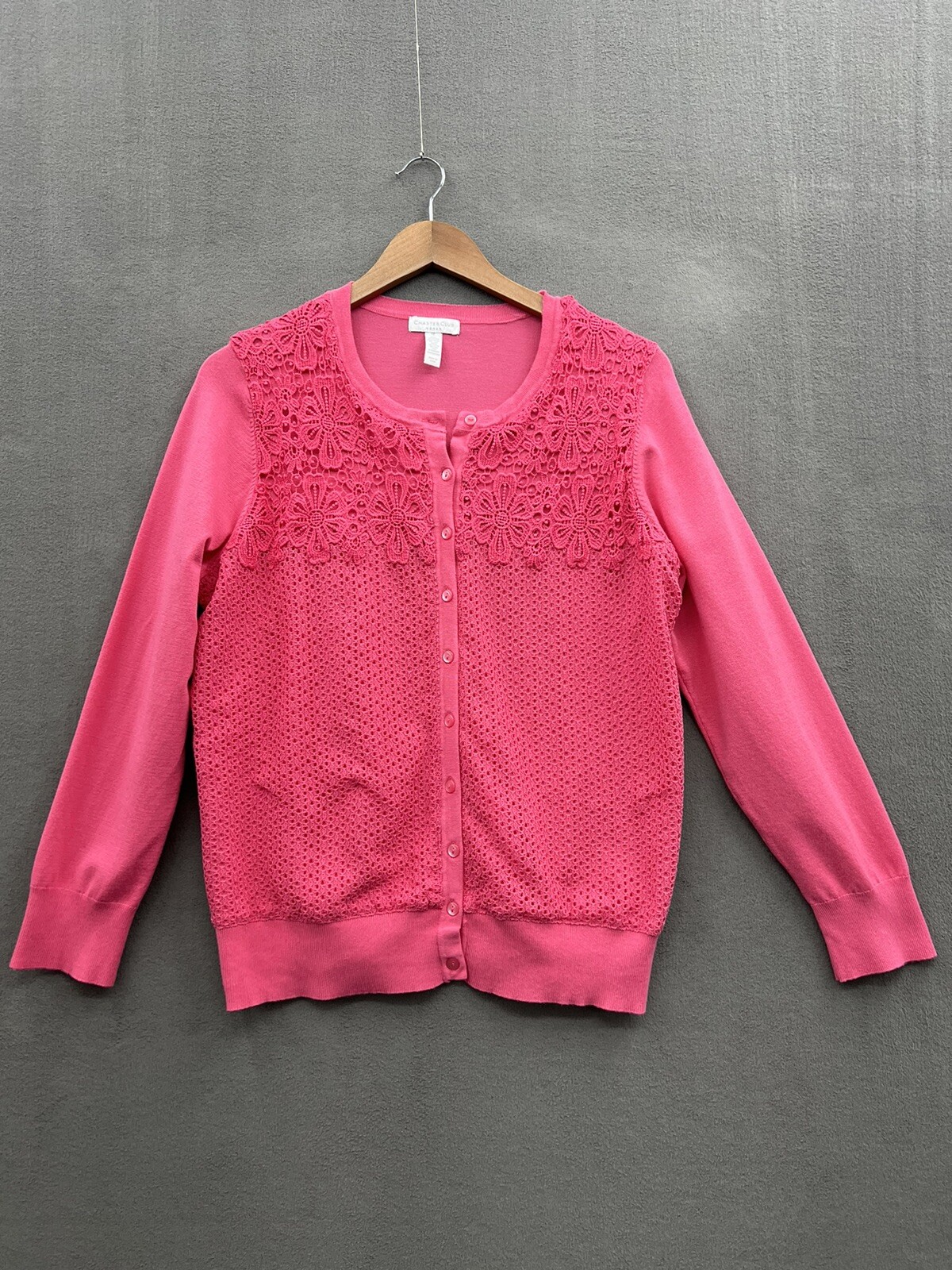 Charter Club Women’s 1X Cardigan Pink Sweater Floral Lace Overlay