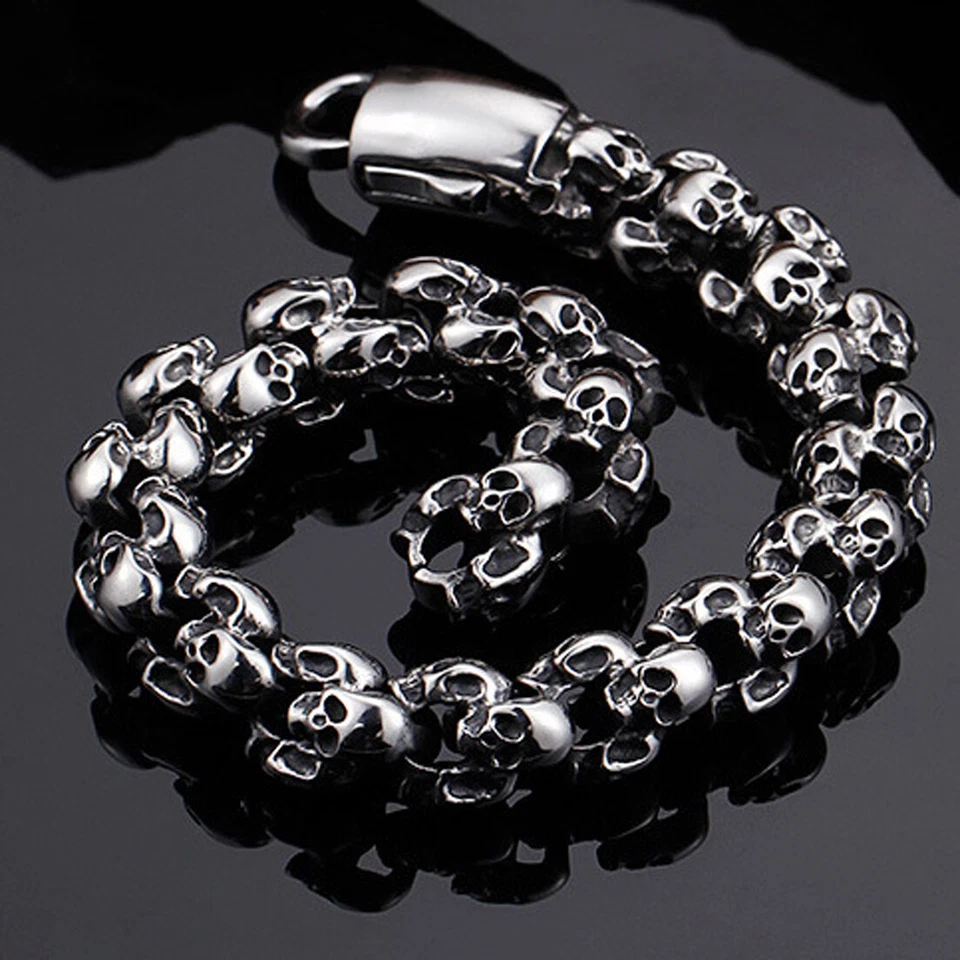 Панк браслеты для мужчин из нержавеющей стали блестящий череп подвеска звено цепи Brecelet новый - Изображение 3 из 4