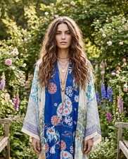 Johnny Was L Large 100 Silk Kimono Lightweight Cool Jacket Wrap Cardigan BOHO