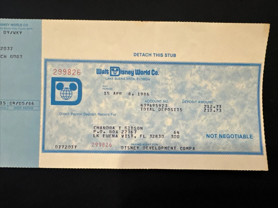 Cheque de pago de Walt Disney Co. - Walt Disney World - Miembro del elenco 1986 Foto 2 de 4