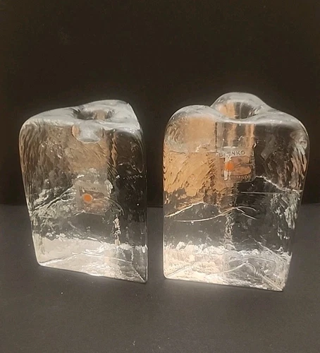 Heavy Blenko Clear Ice Cube Glass Taper Candlestick Holders  Qty 2, Varying Size