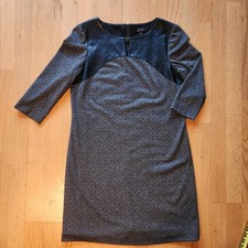 Tahari Chevron Twill Dress 3/4 Sleeve Faux Leather Yoke Edgy Minimalist Sz 10