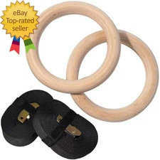 Gymnastic Wood Rings W Adjustable Straps   Premium Birch  Natural Grip  